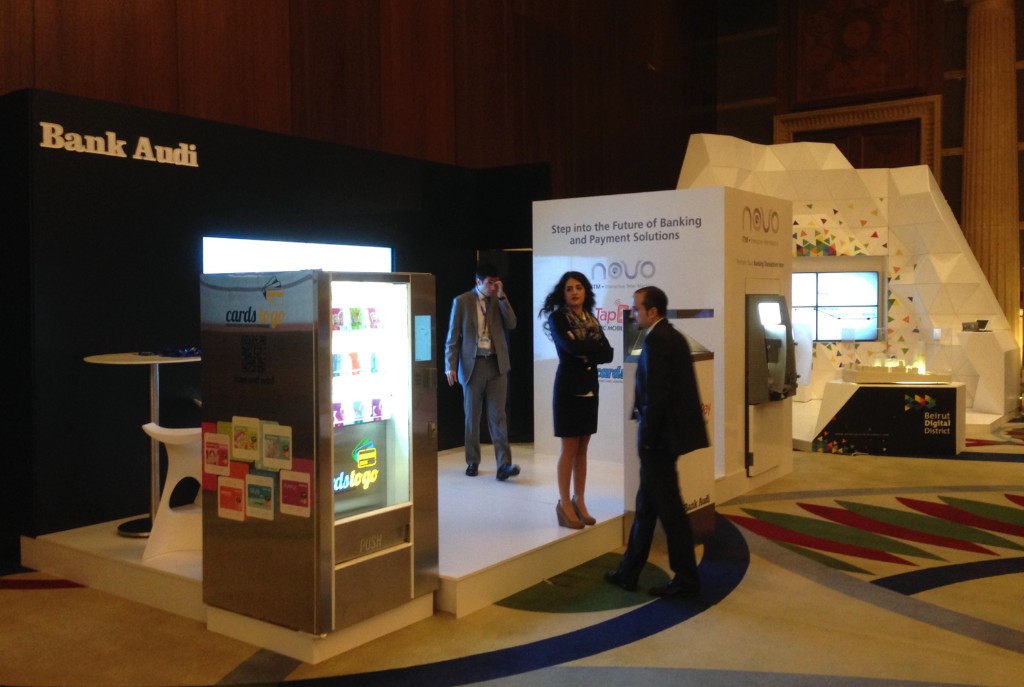 Bank Audi exhibition booth at Arabnet 2014 with Cards to Go kiosk